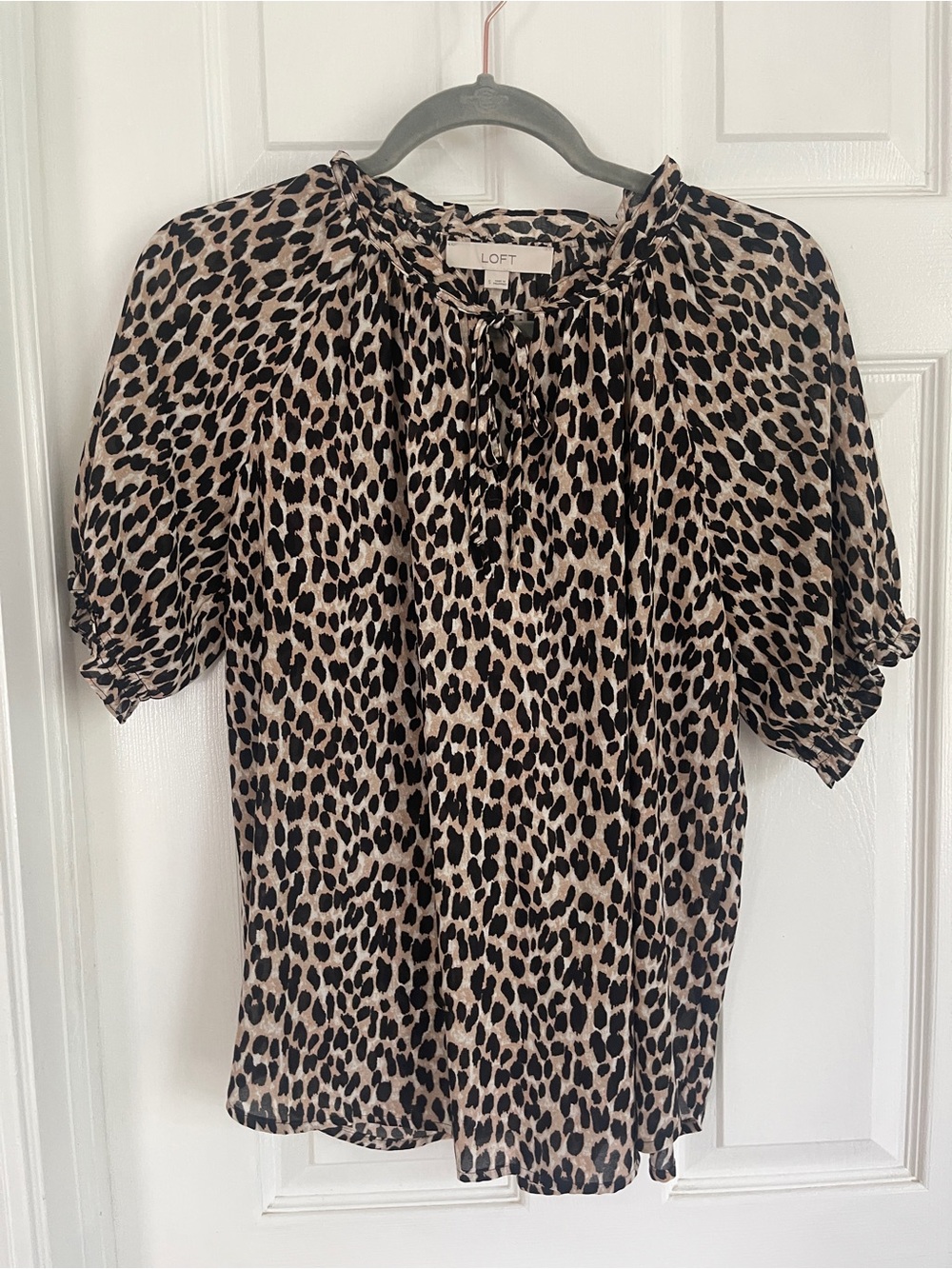 LOFT Leopard-Print Tie-Neck Puff Sleeve Blouse in Tan and Black